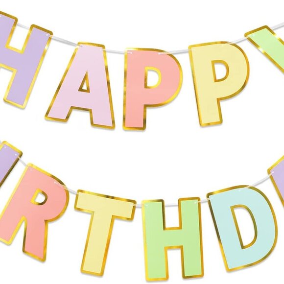Happy Birthday Banner & Sign - 9ft Pre-Strung No Assembly | Pastel Birthday Deco - Picture 1 of 9